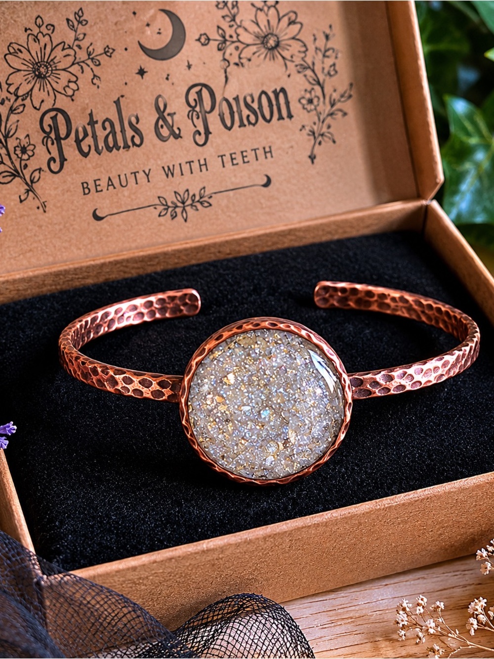 Hammered Copper Cuff | Druzy Inspired Sparkle Stone | Boho Artisan Jewelry